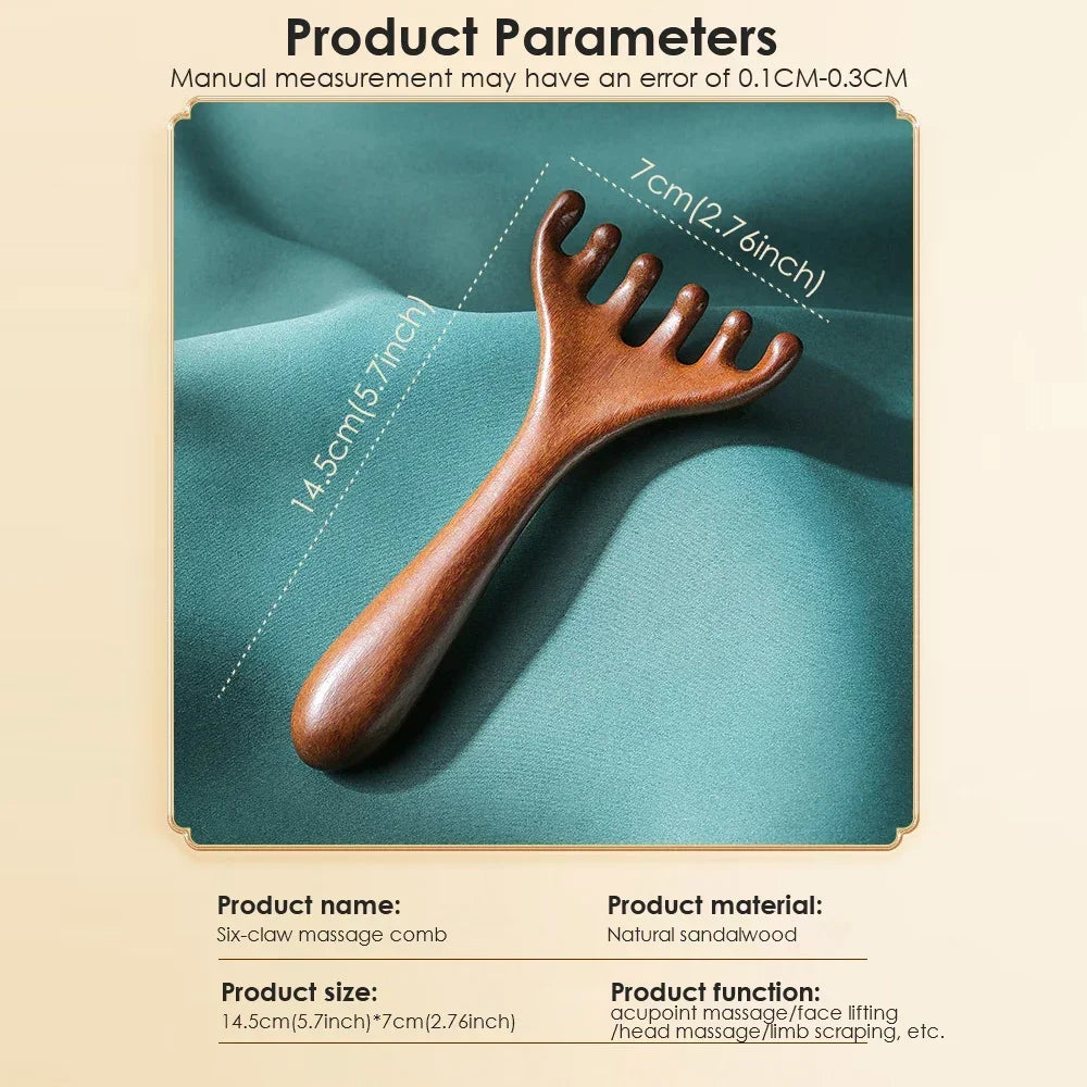 Natural five-claw scalp massage device, gua sha tool, back scratching, spa, handheld meridian massage comb, hair care