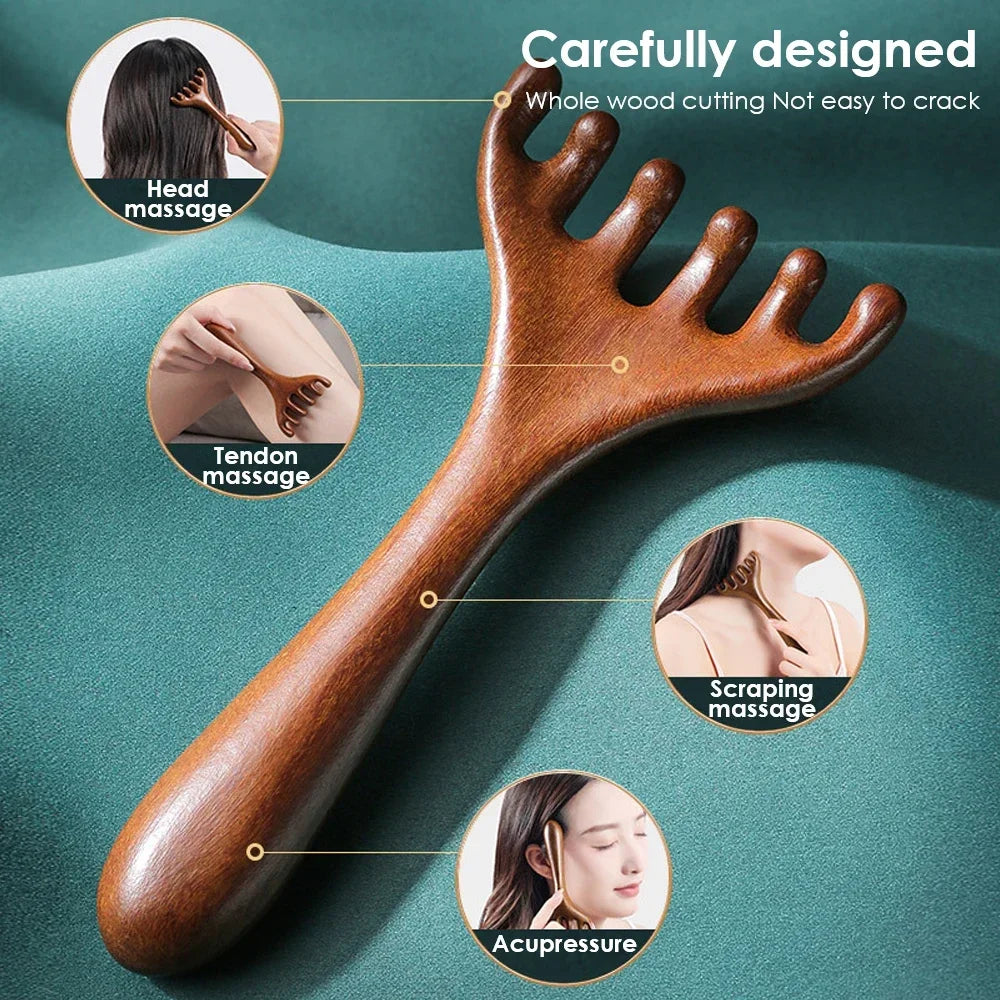 Natural five-claw scalp massage device, gua sha tool, back scratching, spa, handheld meridian massage comb, hair care